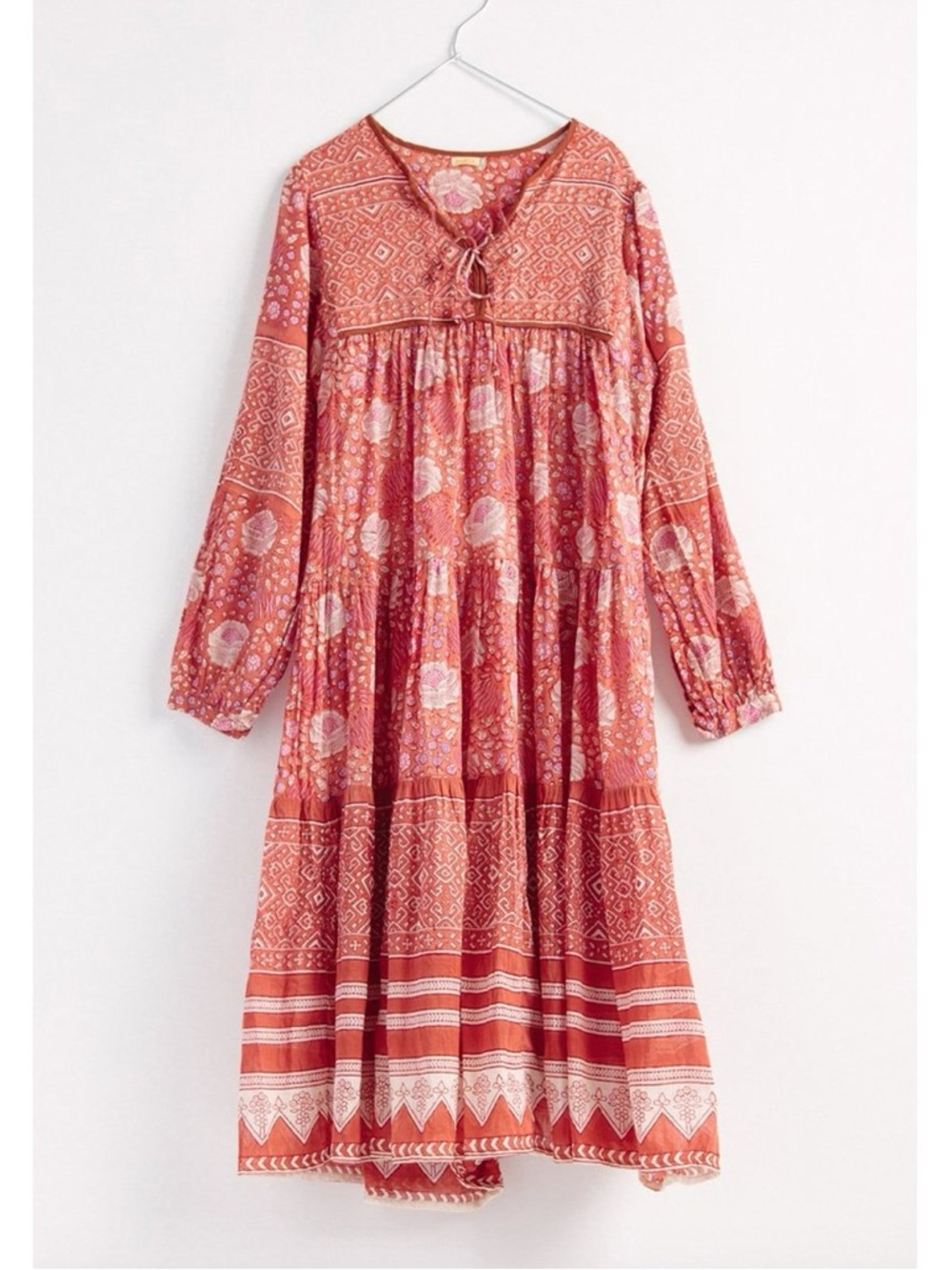 Matta Coral-Pink Boho Tiered Long-Sleeve Maxi Dress